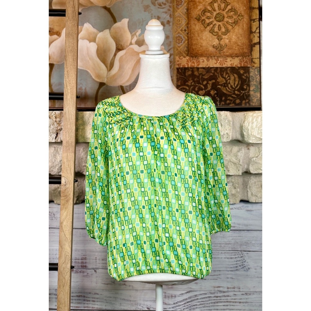 NWT Banana Republic Teal Geometric Smocked Neck Blouse Green Petite Medium